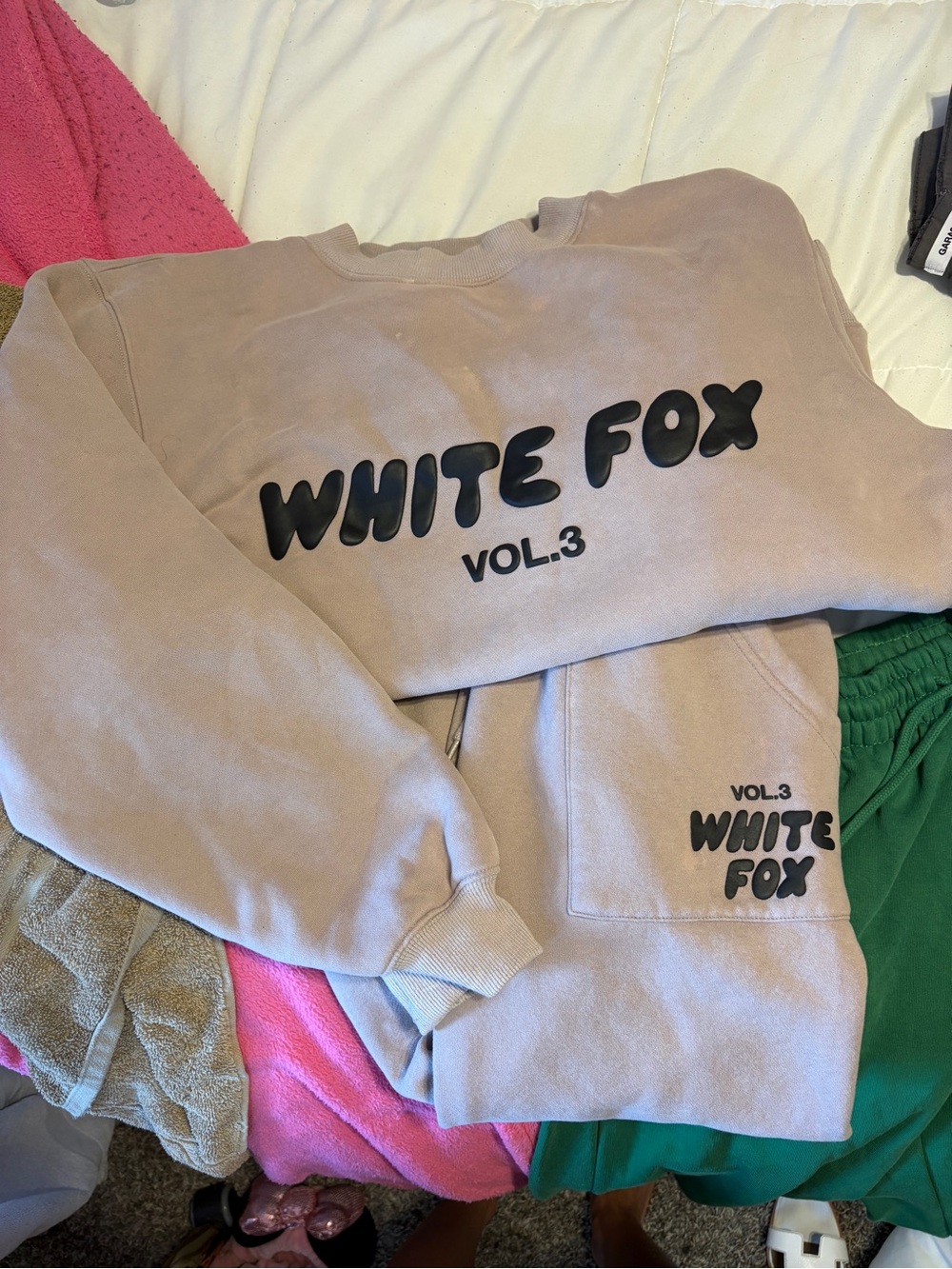 White Fox Boutique Taupe Crewneck Sweater with Black Logo